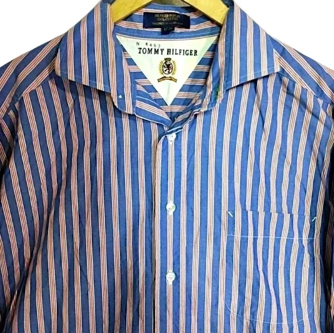 Camisa Tommy Hilfiger Popelina Abotonada Manga Larga Para Hombre 17-34 Azul Rojo Rayas Foto 3 de 4