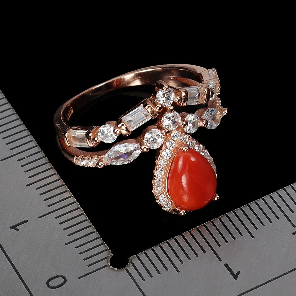 925 Anello Argento Sterling Pera Corallo Italia 8x6mm Naturale Gemma Gioielli - Immagine 3 di 4