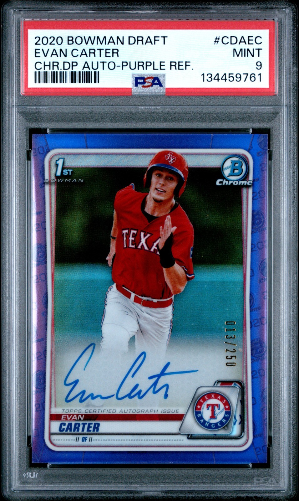2020 Bowman Chrome Draft Evan Carter Purple Auto Refractor /250 PSA 9 Rangers