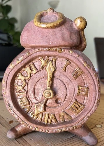 Vintage Brutalist Primitive Stoneware Pottery Alarm Clock Textured Planter Vase