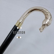 ANTIQUE LADIES SOLID BRASS HORSE HEAD HANDLE BLACK WOODEN WALKING STICK CANE