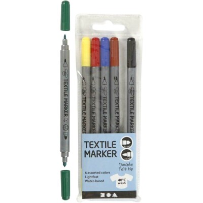 6 BRIGHT TEXTILE MARKERS Creativ Lightfast & Water based Double tip 2.3mm 3.6mm