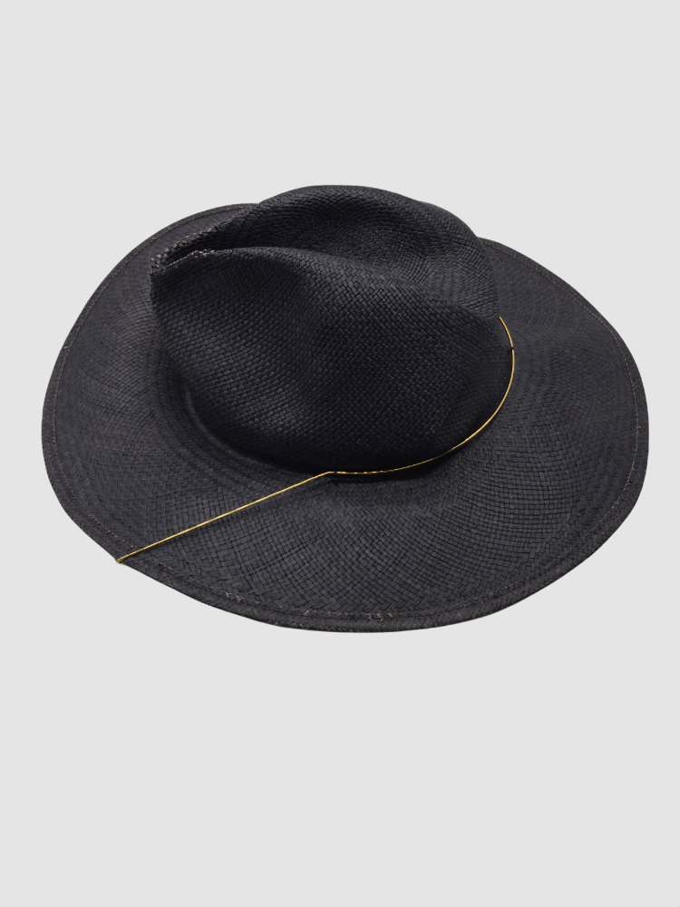 Janessa Leone Straw Fedora with Gray/Blue Band JANESSA LEONE WIDE BRIM WESTERN FEDORA STRAW SUN HAT BLUE  main image 3