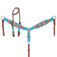 PONY SET Citrus Sea Teal Orange White MOHAIR One Ear Headstall  Breast Collar