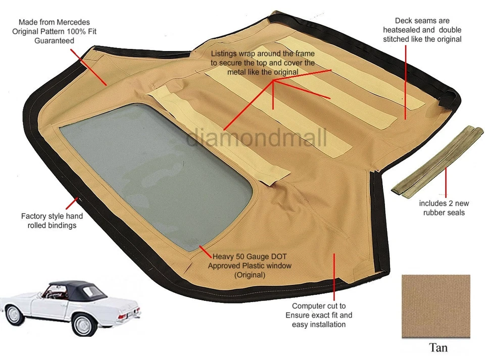 Se adapta a Mercedes W113 convertible techo 230SL 250SL 280SL pagoda 1963-1971 bronceado alemán Foto 2 de 2