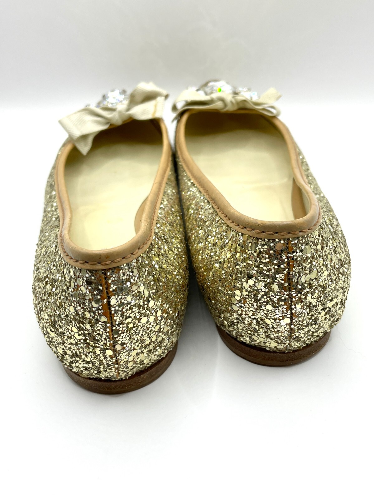 MIU MIU Gold Glitter Flat Shoes with Rhinestone Women… Gem