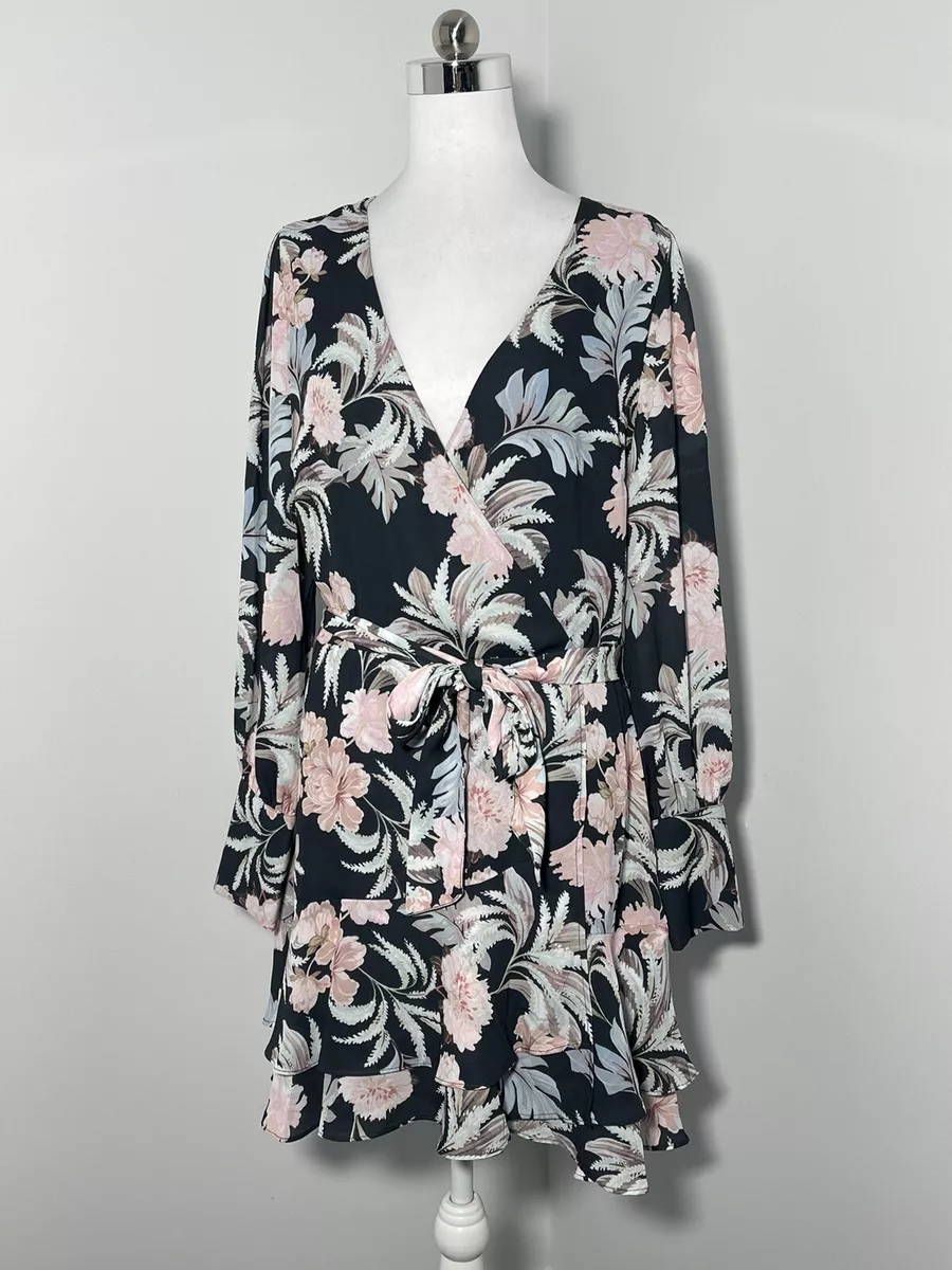 Belle And Bloom Navy Blue Floral Print Long Sleeve Wrap Dress Size L