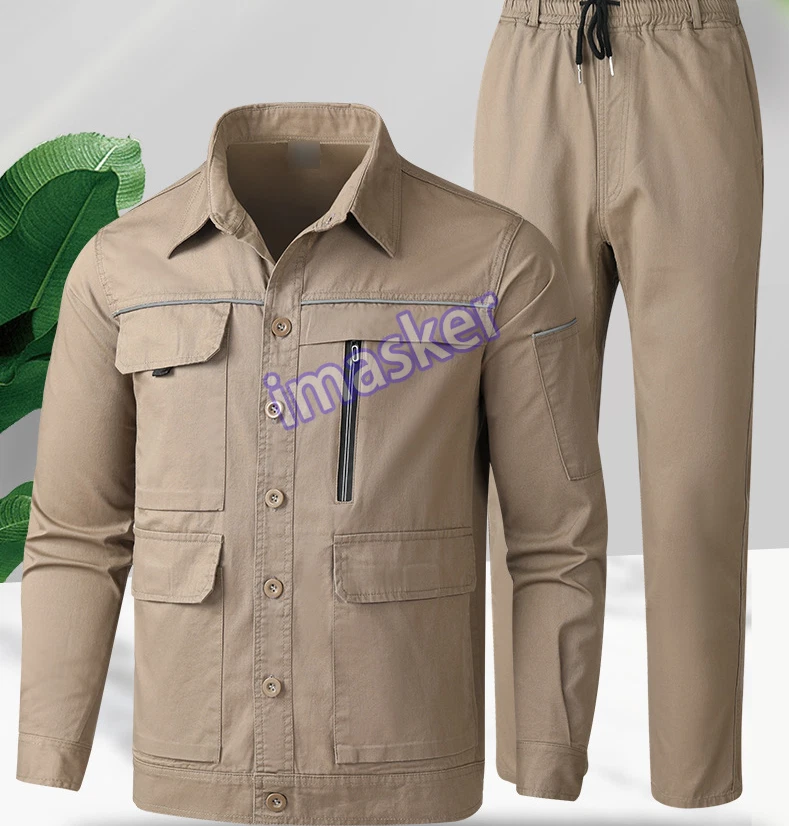 Summer Men Thin Long Sleeve Coverall Overalls Cotton Shirt+Pant Set Work Clothes - Image 2 of 4