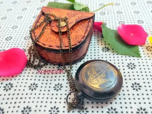 Vintage Sundial Compass With Leather Case Brass Finish Nautical - 第 3/8 張圖片