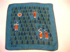Vintage Tammis Keefe Blue Hankie Handkerchief Scarecrows in Wheat Field Unique