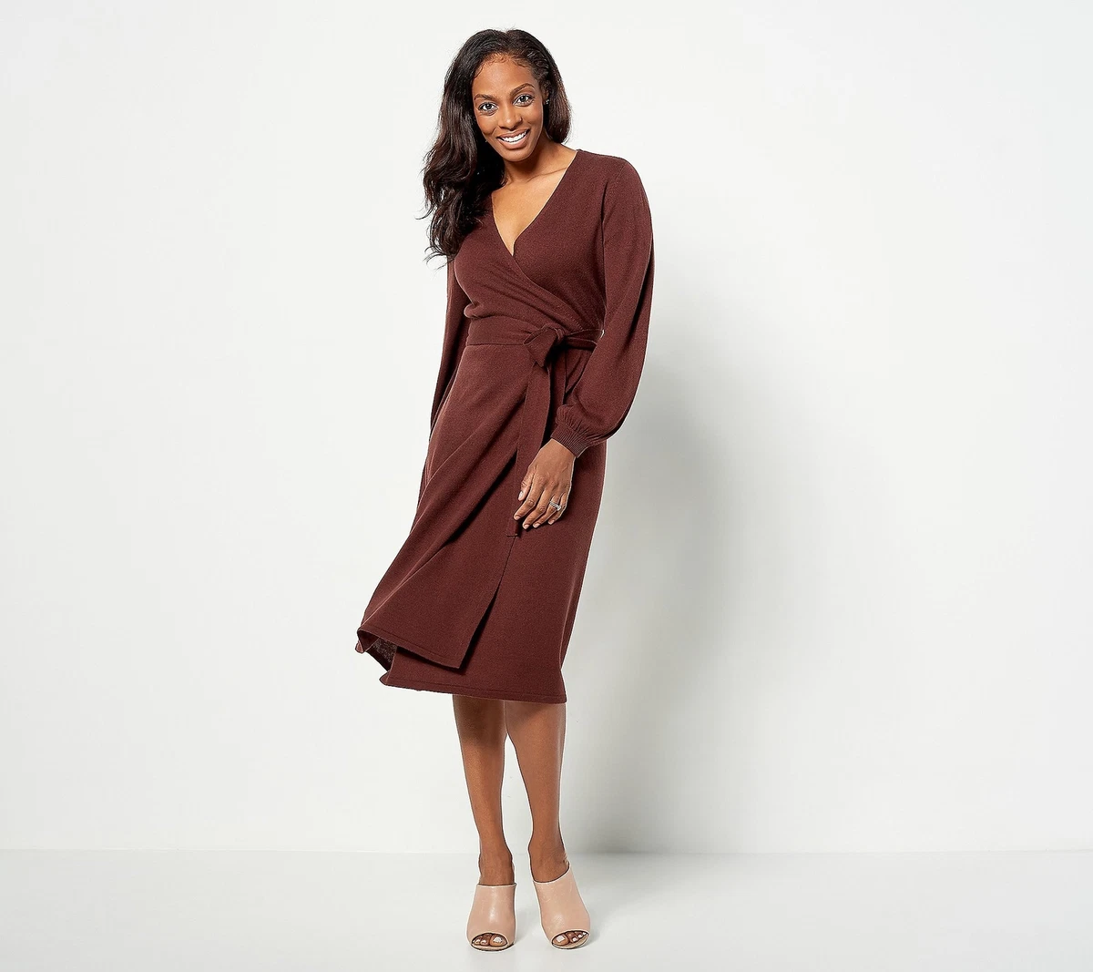 Girl With Curves Ribbed Faux Wrap Sweater Dress Chocolate Brown M New