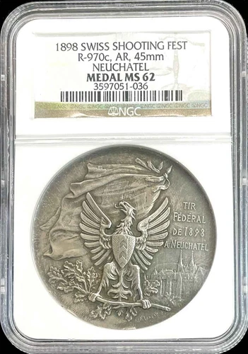 1898 SILVER SWITZERLAND NEUCHATEL SHOOTING FESTIVAL 45MM MEDAL NGC MINT STATE 62