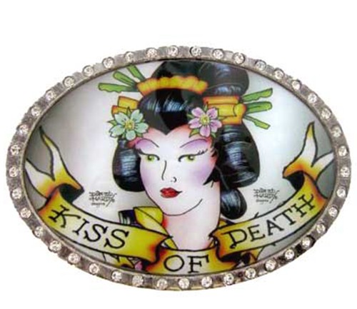 Ed Hardy Leather Belt Antique Rhinestone Skull Flower Rose Vintage Enamel Buckle - Picture 15 of 15