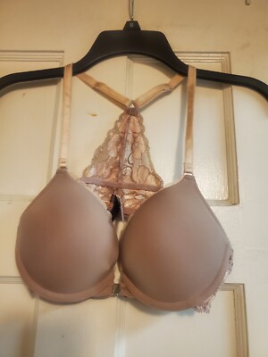Adore Me Tan Lace Bra Plunge Padded Push Up Front Closure Women's Size 34B 34 B