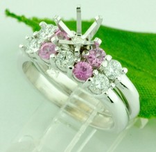 Bague en or blanc massif 14 carats sertie de diamants saphir rose naturel semi monture