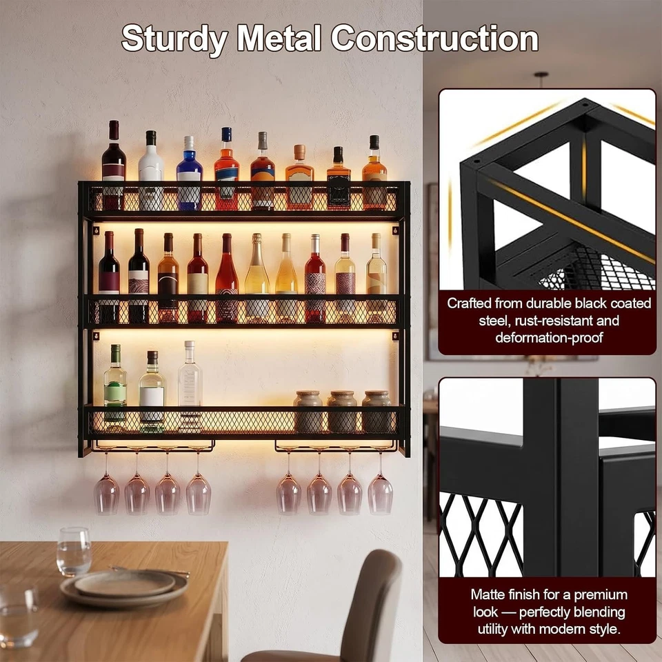 Weinregal Wandmontage 3-stöckig Metall Schwarz 100×15×90 cm für Küche Bar - Bild 3 von 4