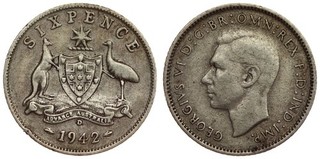 Australia 6 Pence 1942 D George VI Silver
