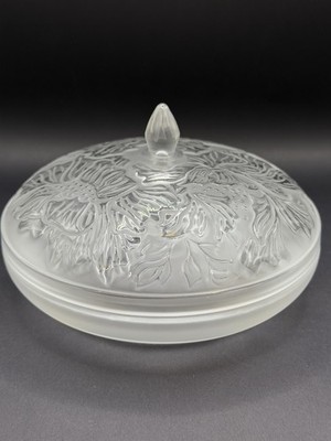 Lalique Frosted Clear Glass Floral Crystal Powder Box w/ Removable Lid 5.25in