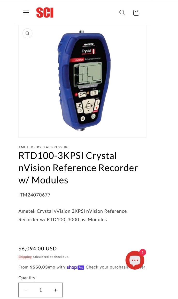 Reference Recorder Calibrator Crystal nVision RTD100-3KPSI Reference Recorder Pressure Calibrator