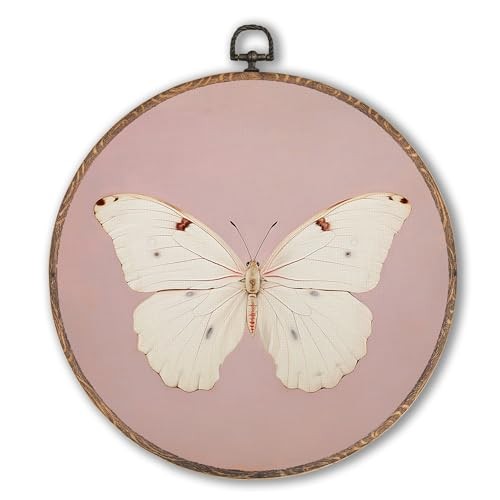 Vintage White Butterfly Pink Round Wall Art Framed, Neutral Pink Butterfly