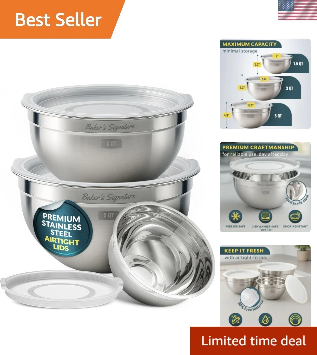 Stainless Steel Mixing Bowls With Lid, Metal Mixing Bowl Set Of 3, Nesting Se...