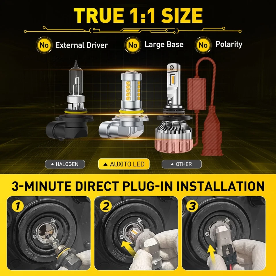2 светодиодные противотуманные лампы AUXITO 9006 HB4 для 2001–2017 Toyota Sequoia белые EOA - Изображение 2 из 4