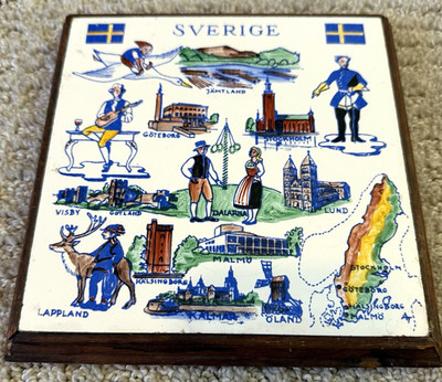Sverige Sweden Framed Tile Trivet Attractions Blue Yellow White Nordic Lappland