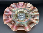 Antique Dugan Enameled Single Flower Opalescent Peach Carnival Glass Bowl 9”
