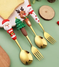 4PCS 7 Inch Christmas Man Forks, Spoons Set, Golden Big Dolls, Stainless Steel