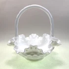 Fenton Thumbprint White Milk Glass Basket Ruffled Edge Vintage 1950s