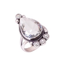 WHITE TOPAZ Stone 925 Silver Bezel Wedding Statement Crown Chakra Birthday Ring