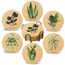 Coasters for Drinks with Holder Set of 6, Illustration Absorbent Cork Plant