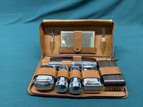 VTG Art Deco Piccadilly Toiletries Travel Case 10 pc Set + Razor Made in England