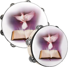 Set of 2 Tambourine, 10" and 8" Dove and Bible Church Tambourine with Double Row