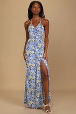 Lulu's to be Happy Blue Floral Print Wrap Maxi Dress Xs