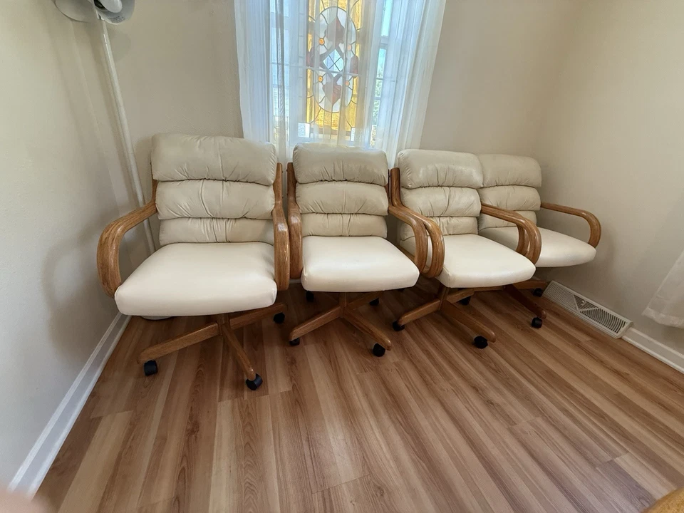 CHROMCRAFT Table And 4 Four CHAIRS DINING Cream VINYL SWIVEL RETRO VINTAGE MCM - Image 2 of 4