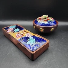 MCM Wooden Jewelry & Round Trinket Box with Enamels On Copper J. CAPO Rare Set
