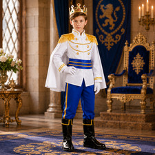 Boys Prince Charming Costume 11-12 Royal King Outfit Cape Crown Gloves Boots