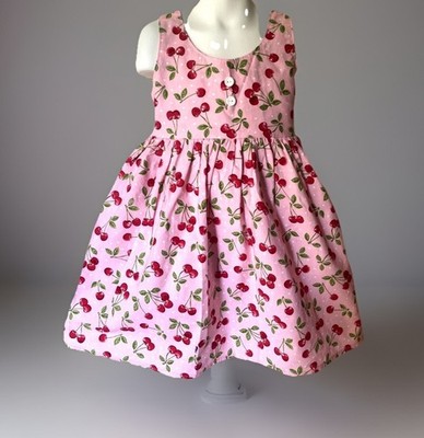 5T Handmade Cherry Print Girls Dress - Sleeveless Summer OOAK Cotton, Sewn fruit