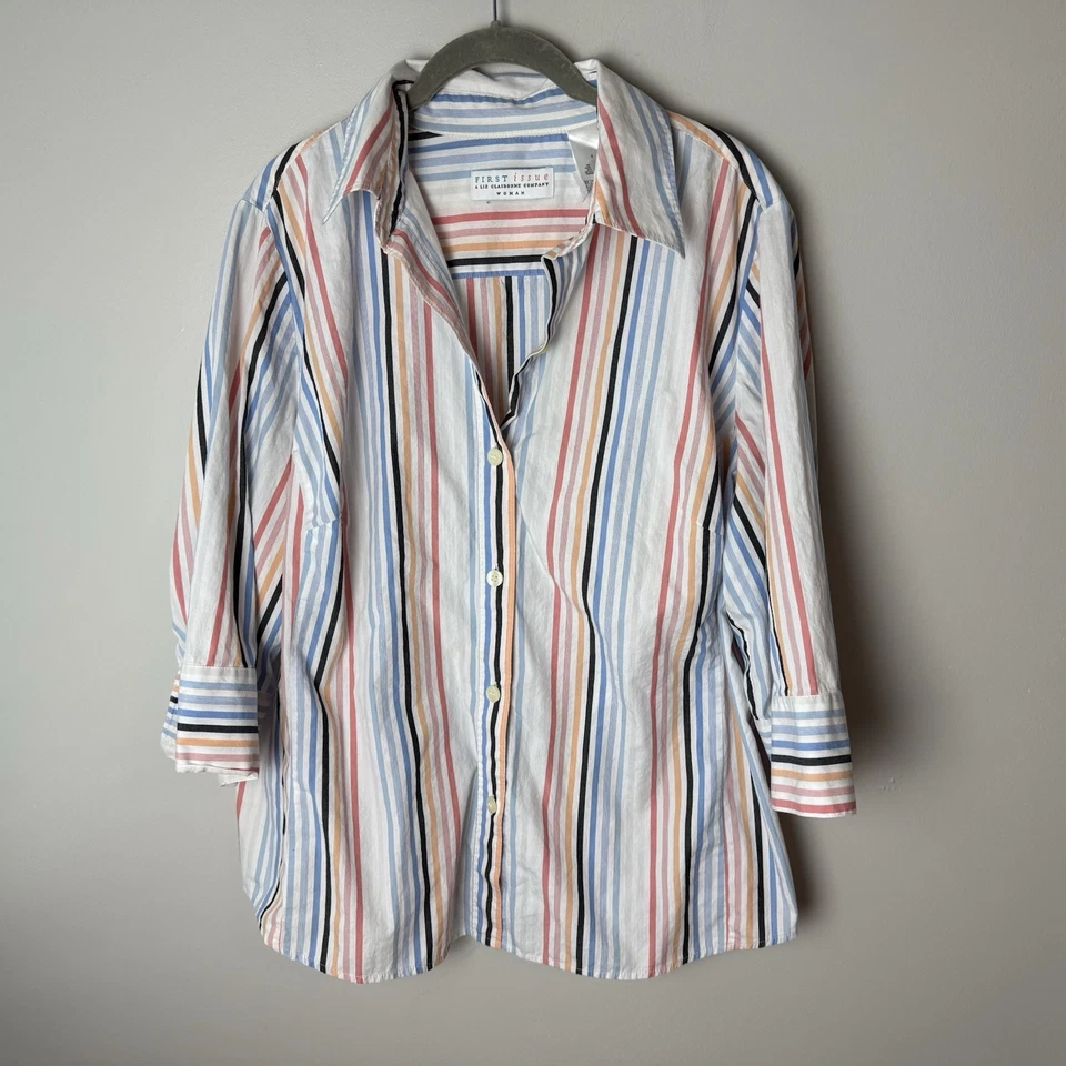 Camisa Primera Edición Talla Grande 2 2X Blusa Top Mangas 3/4 Algodón Rayas Azul Rosa Foto 2 de 4