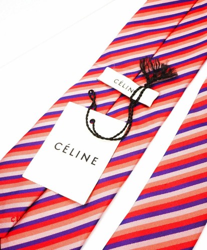 $195 CELINE - Modern Silk LOGO Tipped Red/Pink/Navy Tie Necktie - - Picture 4 of 5