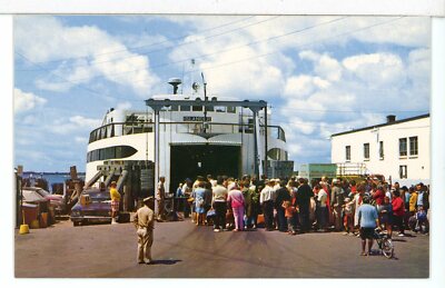1968 - The Ferry ISLANDER Loading at Woods Hole, Cape Cod, MA Boats Postcard