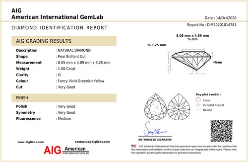 Elegante piedra de diamante amarillo verdoso corte de pera con certificación AIG (8 x 5 mm) de 1,00 quilates - Imagen 2 de 3
