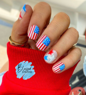 Red Aspen Press On Nails~Star Spangled, Sarah American Flag Stars Short Square