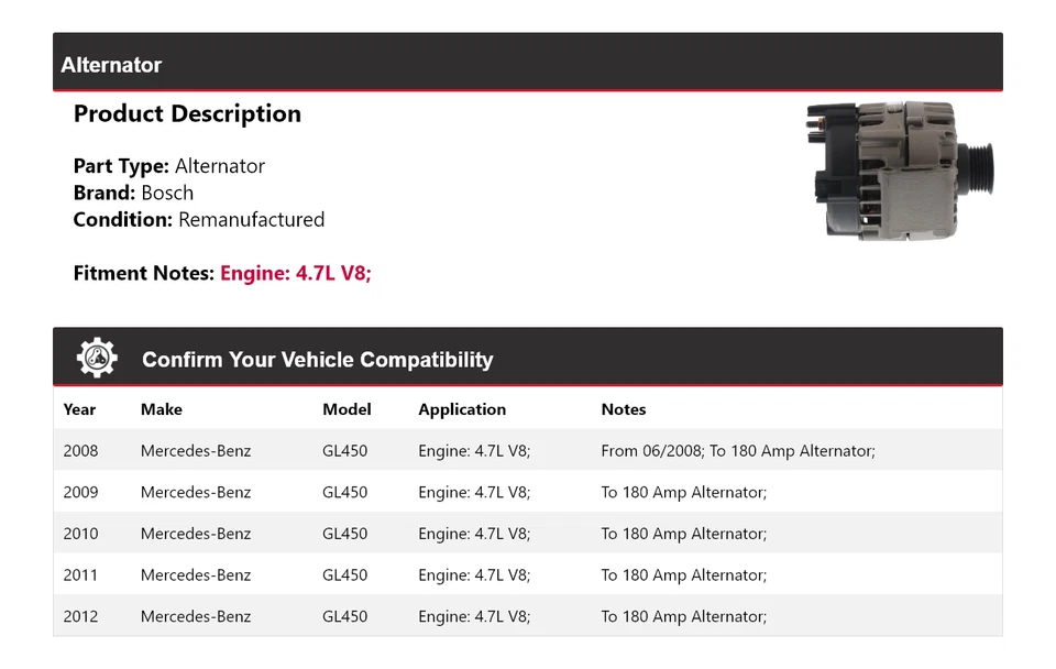For 2008-2012 Mercedes GL450 4.7L V8 Bosch Alternator (Remanufactured) 2009 2010 - Image 2 of 4
