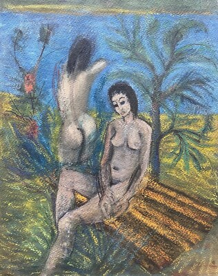 Gouache Karl-Heinz Grünewald weiblicher Akte am Ufer Expressiv Mid Century