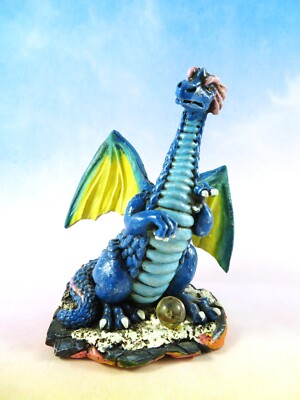 W.U.I. Blue Dragon Vintage 1997 Hand Painted Crystal Ball On Base 4.25 Inch