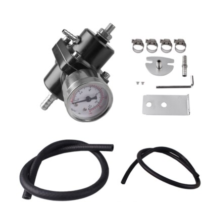 Black Aluminum Adjustable 1-140 PSI Fuel Pressure Regulator w/ Oil Gauge Fitting