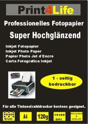 100 Blatt Fotopapier Print4Life DIN A4 120 g glänzend glossy weiß Tintendrucker