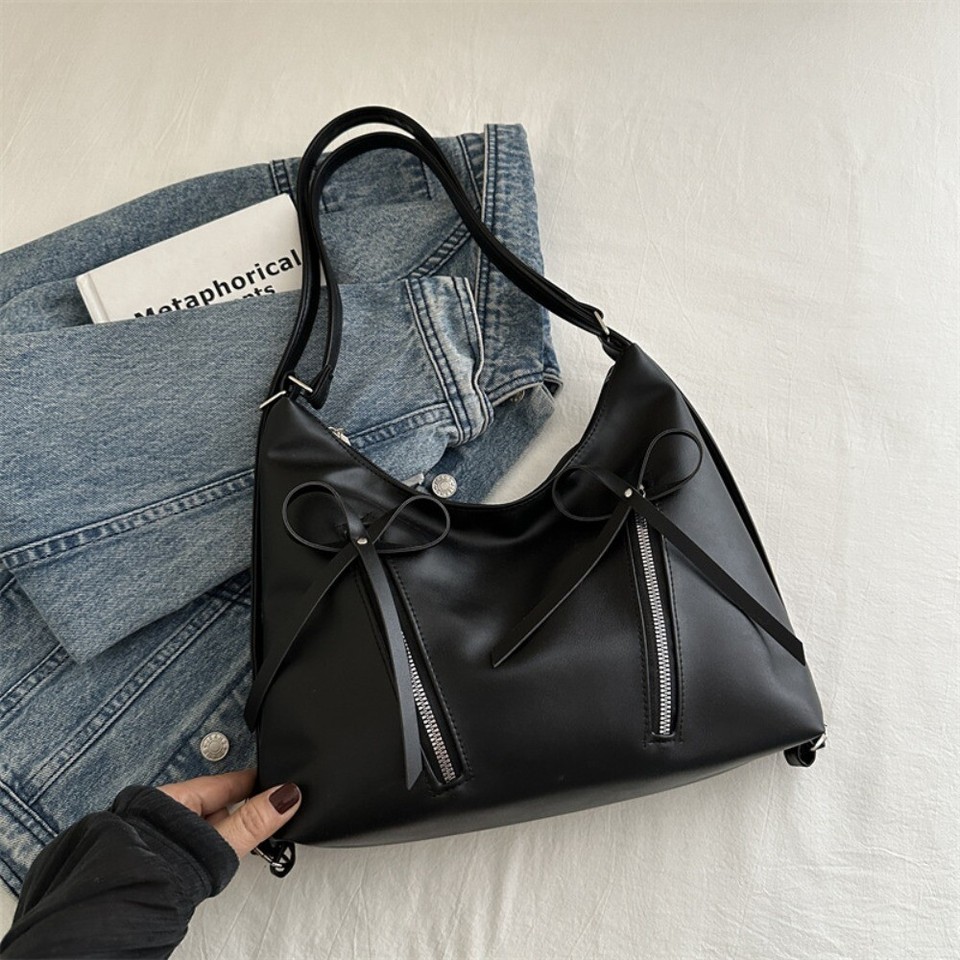 Zipper Bowknot Shoulder Bag PU Leather Bow Crossbody Bag Bow Tote Bag